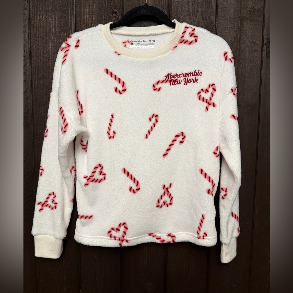Abercrombie Kids Fleece Sleep Wear Top Shirt Candy Canes Super Soft Sz 13/14 EUC